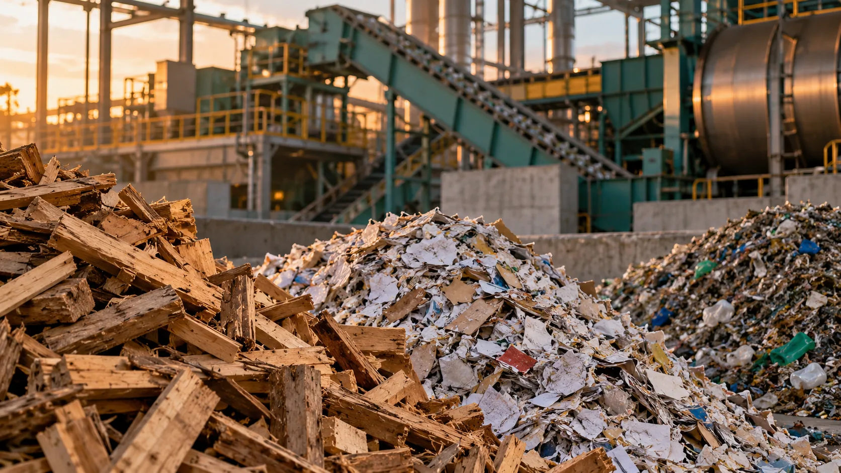 Illustrative view of sorted wood and municipal materials